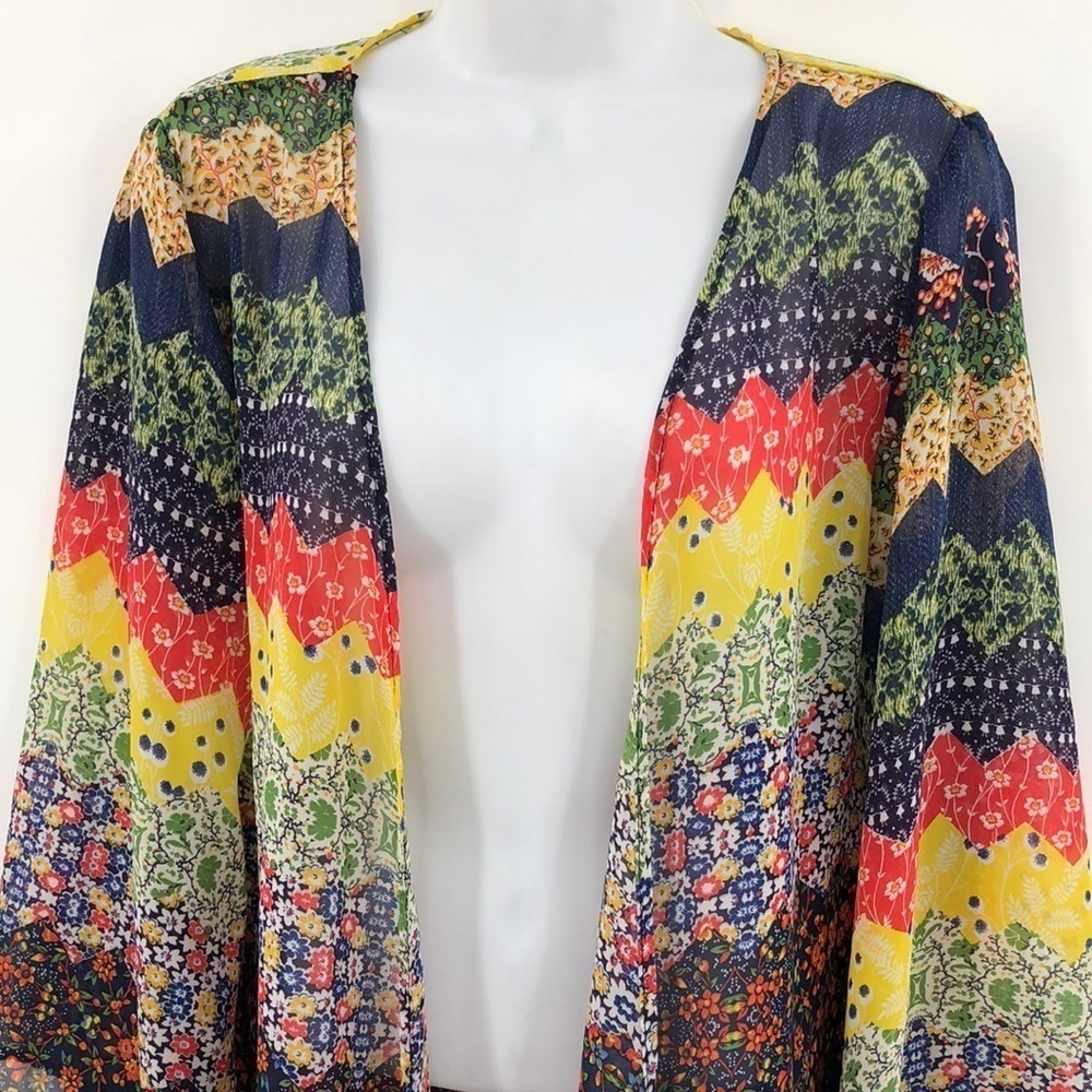 Espresso Size M Long Cardigan Coverup Semi Sheer Multi-Print Artsy
